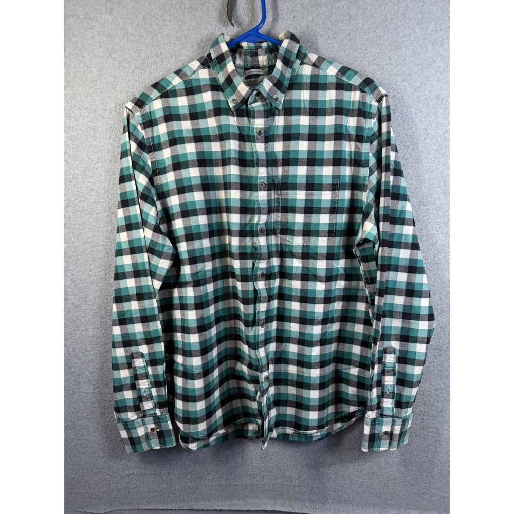 Old Navy Shirt Mens Large Green Plaid Long Sleeve Slim Fit Stretch Oxford Casual